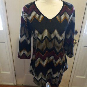 J&JL Fashion Large asymmetric top in hues of black, wine, gold, gray, & white